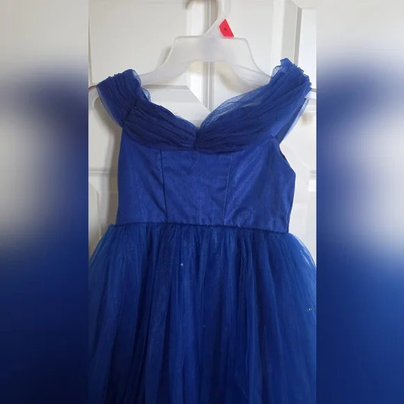 Royal Blue Tulle Party Dress Size 6–7Y Elegant Off-Shoulder Flower Girl Gown - Picture 6 of 9